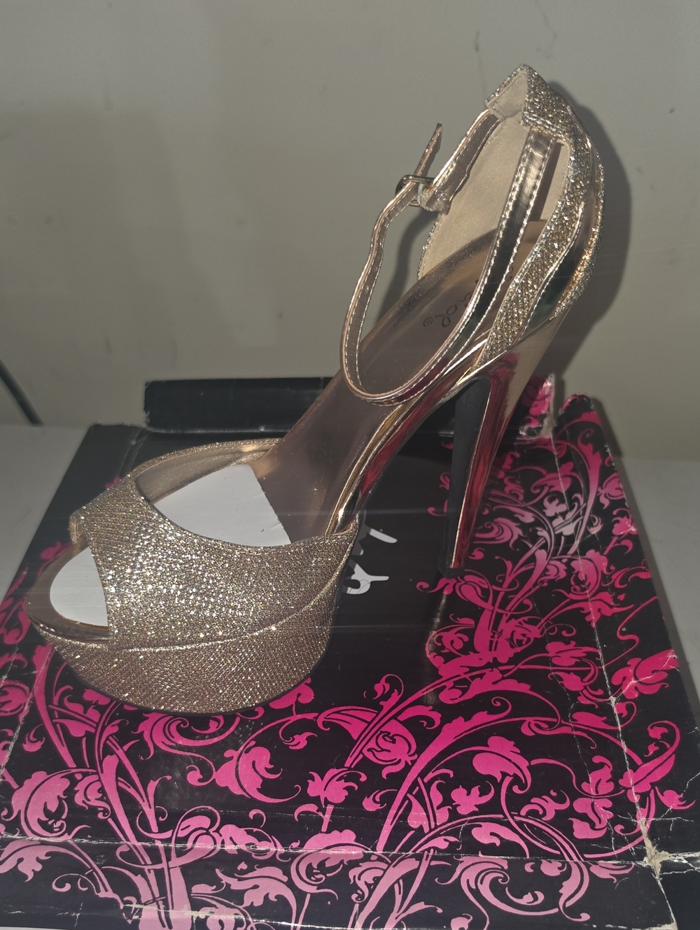 Qupid Rose Gold Glitter Platform Stiletto Sandals